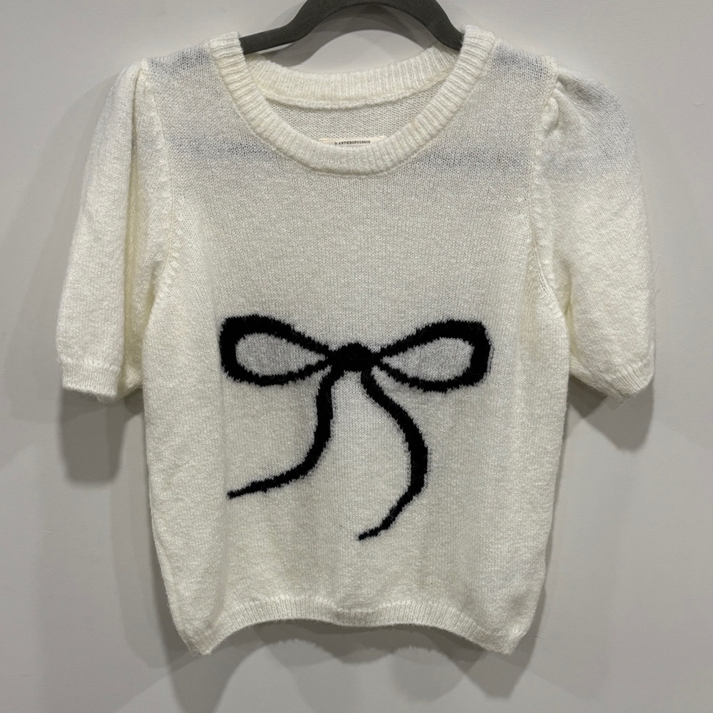 Anthropologie White Sweater with Black Bow